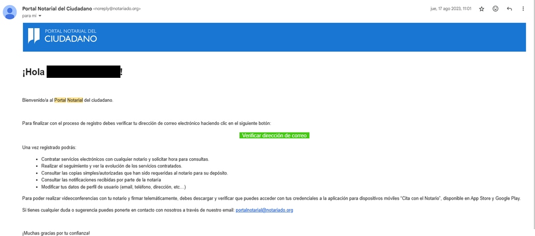 email verificacion portal notarial